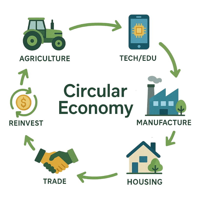 Circular economy diagram showing connected flows between food systems, housing, climate, and green jobs.